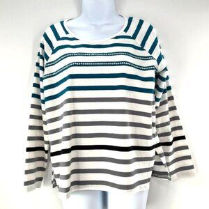 Tribal Teal & Gray Striped Ombre Colorful Long Sleeve Scoop Neck Tunic Top M